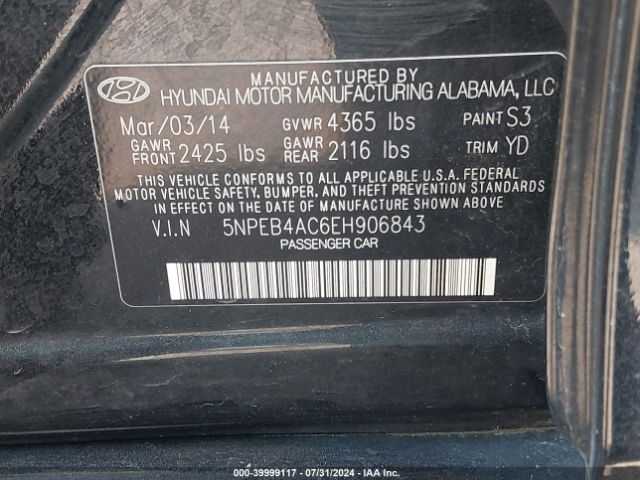 5NPEB4AC6EH906843 Hyundai SONATA GLS