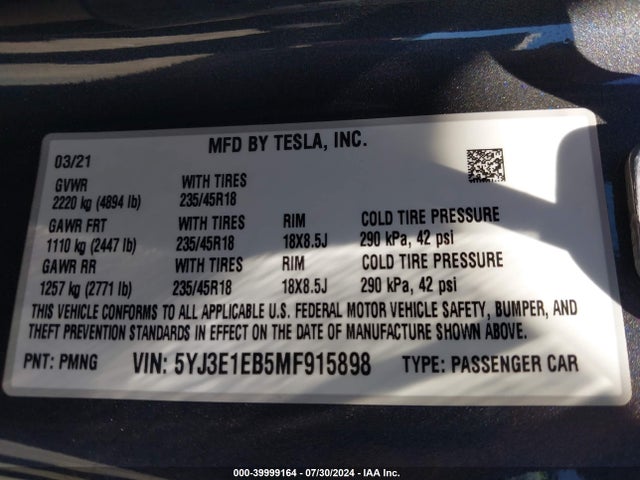 2021 TESLA MODEL 3 5YJ3E1EB5MF915898 Photo 8