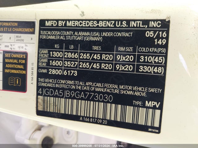 4JGDA5JB9GA773030 Mercedes-Benz GLE 350