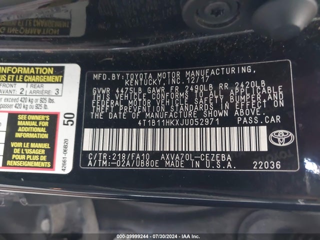 Toyota CAMRY L 2018 4T1B11HKXJU052971 Image 9