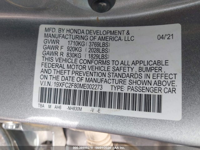 Honda Civic Sport 2021 19XFC2F80ME002273 Image 9
