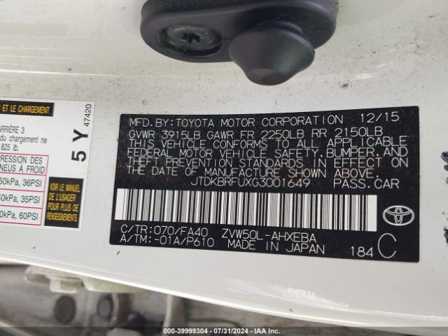 JTDKBRFUXG3001649 Toyota Prius Two