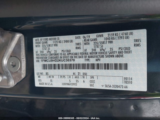 Ford ESCAPE SEL 2019 1FMCU9HD2KUC30370 Image 9
