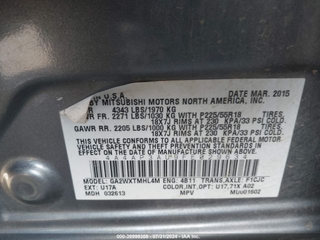 4A4AP3AU9FE029634 Mitsubishi Outlander Sport Es