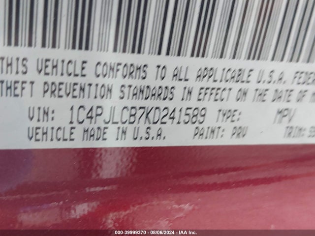 1C4PJLCB7KD241589 Jeep Cherokee Latitude Fwd