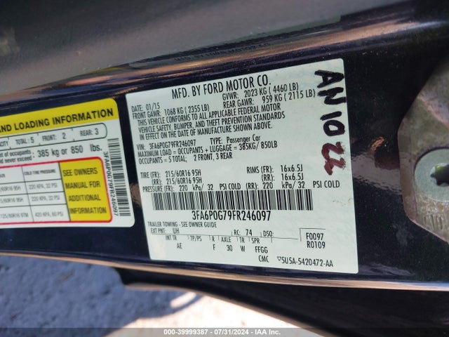 Aukcja sprzedaży 2015 Ford Fusion S, vin: 3FA6P0G79FR246097, numer aukcji: 39999387