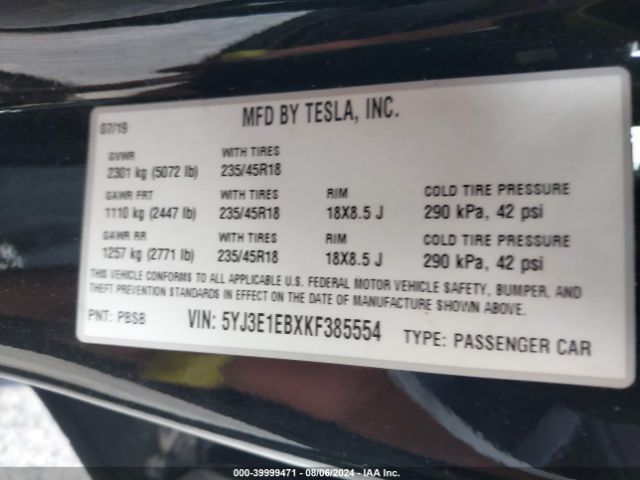 5YJ3E1EBXKF385554 Tesla Model 3 Long Range/performance