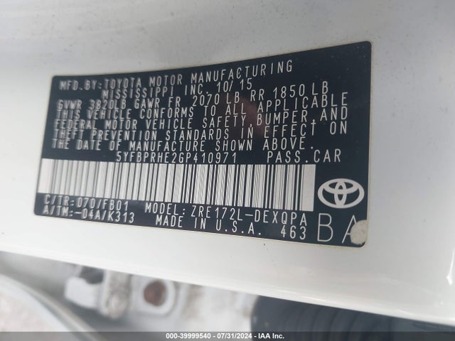 Toyota Corolla Le Eco 2016 5YFBPRHE2GP410971 Image 9
