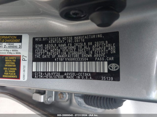 Toyota CAMRY SE 2017 4T1BF1FK6HU333504 Image 9