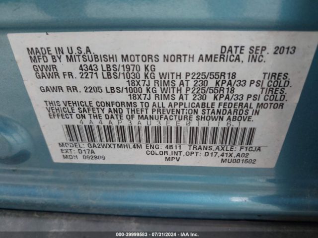4A4AP3AU3EE011161 Mitsubishi Outlander Sport Es
