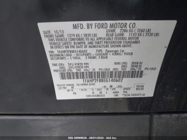 Ford Taurus Limited 2014 1FAHP2F88EG140602 Image 9