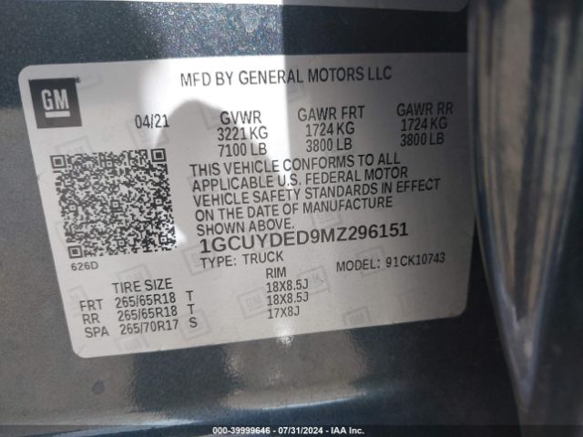 1GCUYDED9MZ296151 Chevrolet Silverado 1500 4wd  Standard Bed Lt