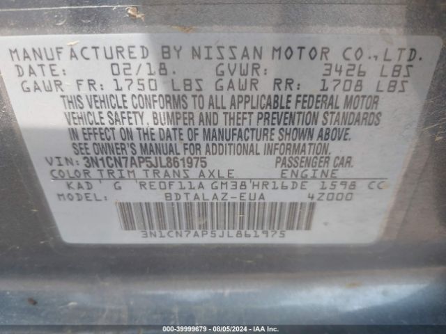 3N1CN7AP5JL861975 Nissan Versa 1.6 S+