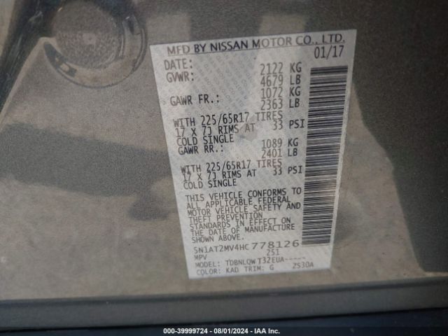 5N1AT2MV4HC778126 Nissan ROGUE SV