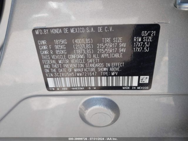 3CZRU5H57MM721647 Honda Hr-v 2wd Ex
