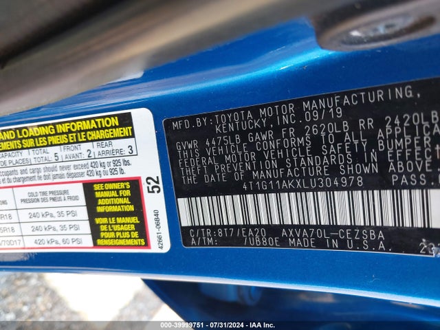 Toyota CAMRY SE 2020 4T1G11AKXLU304978 Image 9