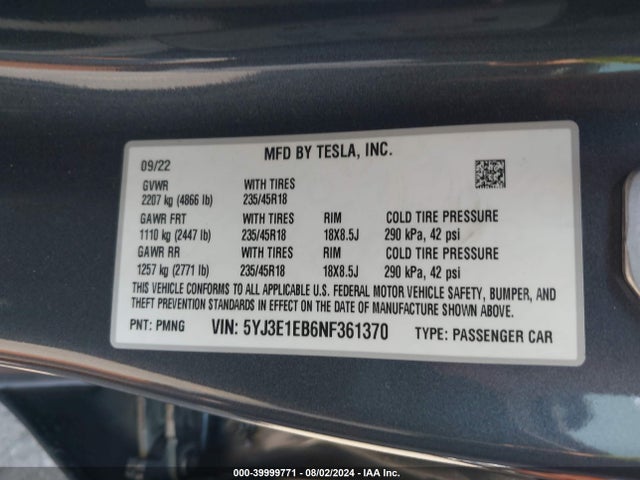 Tesla Model 3 Long Range Dual Motor All-wheel Drive 2022 5YJ3E1EB6NF361370 Image 9