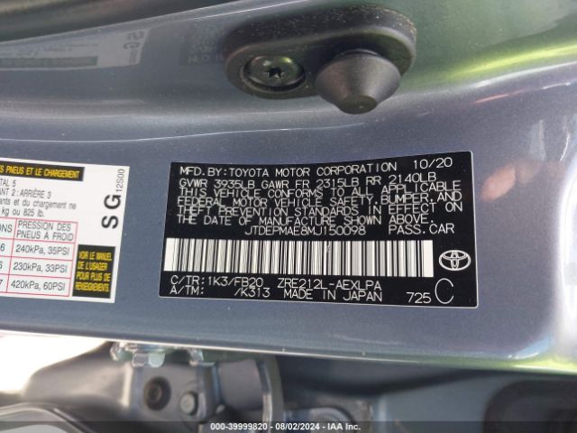 2021 TOYOTA COROLLA JTDEPMAE8MJ150098 Photo 8