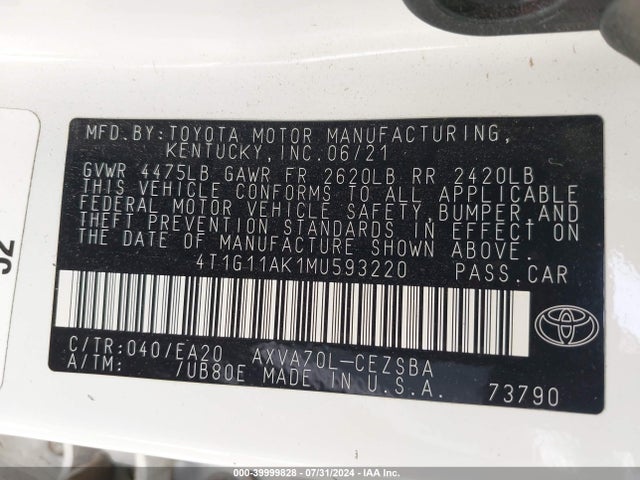 Toyota CAMRY SE 2021 4T1G11AK1MU593220 Image 9