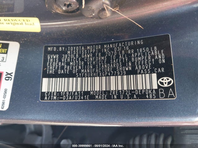 Toyota COROLLA L 2016 5YFBURHEXGP477939 Image 9