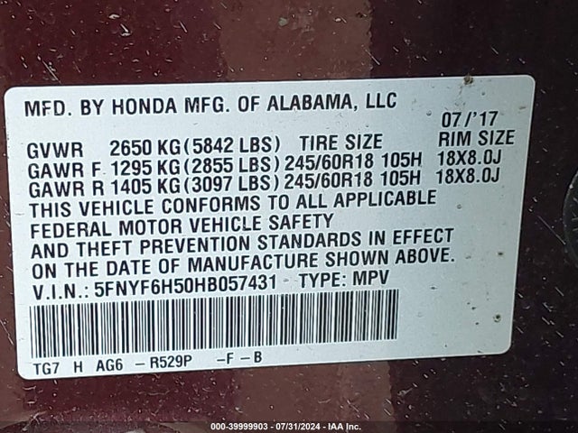 Honda Pilot Ex-l 2017 5FNYF6H50HB057431 Image 9