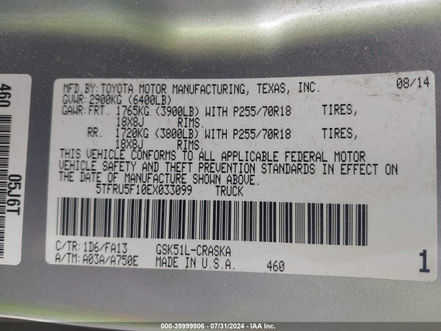 Toyota Tundra Sr V6 2014 5TFRU5F10EX033099 Image 9