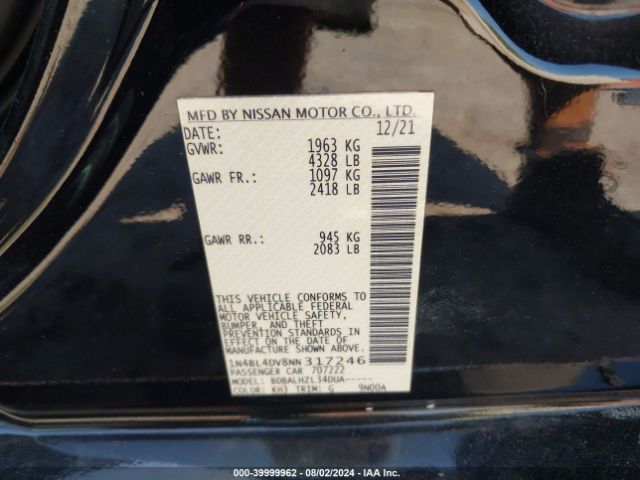 1N4BL4DV8NN317246 Nissan Altima Sv Fwd