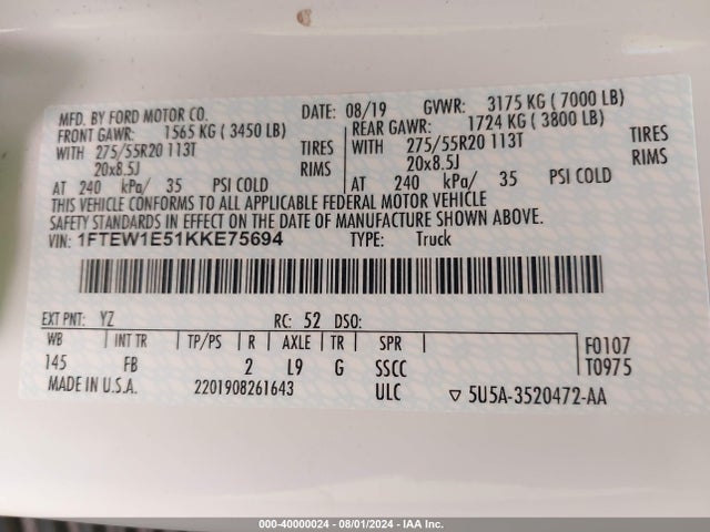 Ford F-150 Xlt 2019 1FTEW1E51KKE75694 Image 9