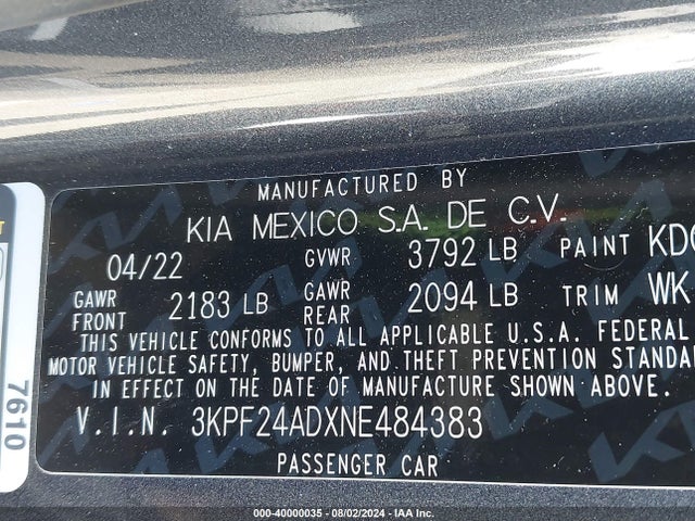 KIA Forte Lxs 2022 3KPF24ADXNE484383 Image 9