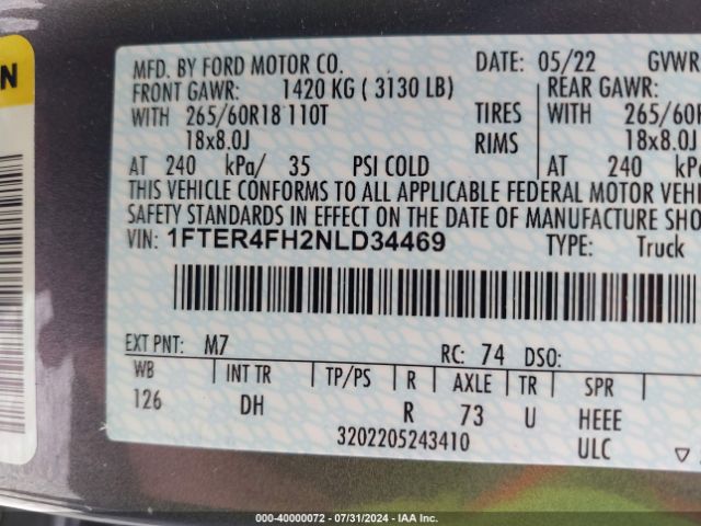 1FTER4FH2NLD34469 Ford Ranger Lariat