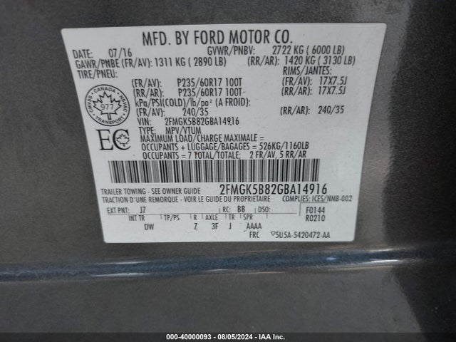 Ford FLEX SE 2016 2FMGK5B82GBA14916 Image 9