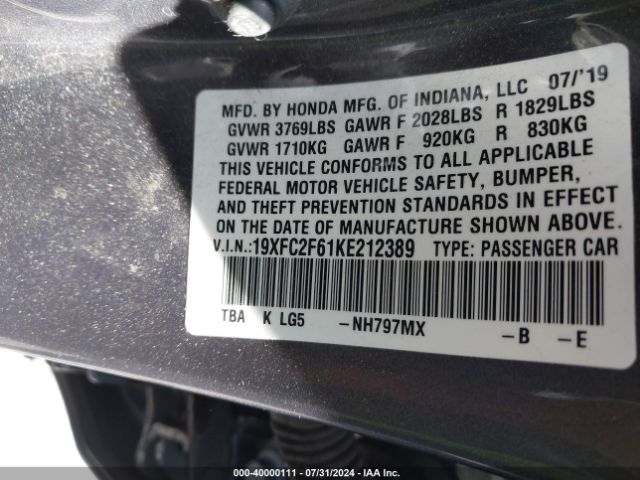19XFC2F61KE212389 Honda Civic Lx