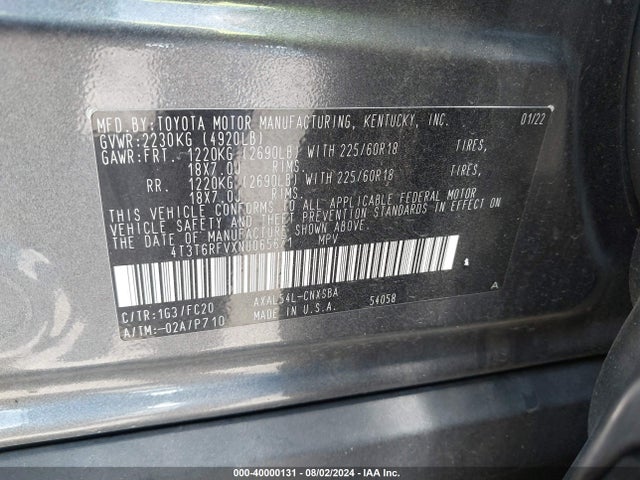 Aukcja sprzedaży 2022 Toyota Rav4 Hybrid Se, vin: 4T3T6RFVXNU065671, numer aukcji: 40000131