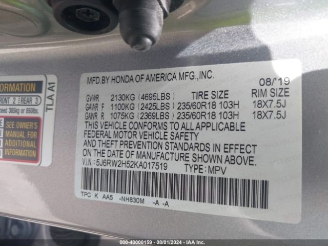 5J6RW2H52KA017519 Honda CR-V EX