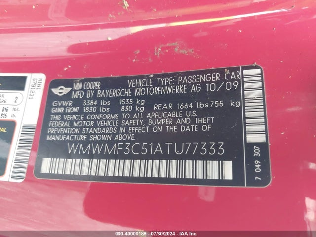 2010 MINI COOPER WMWMF3C51ATU77333 Photo 8