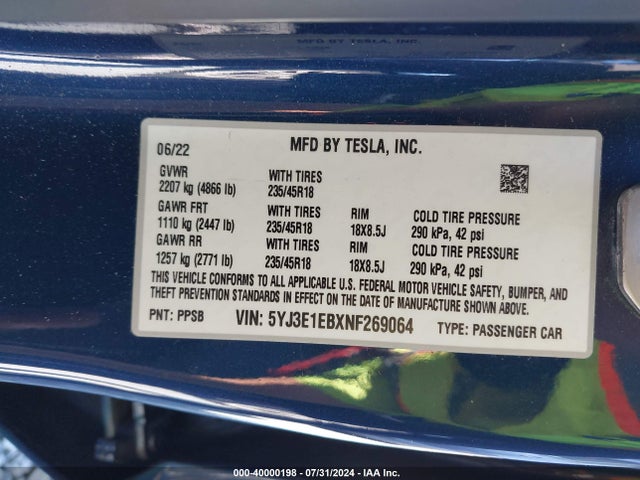 Tesla Model 3 Long Range Dual Motor All-wheel Drive 2022 5YJ3E1EBXNF269064 Image 9