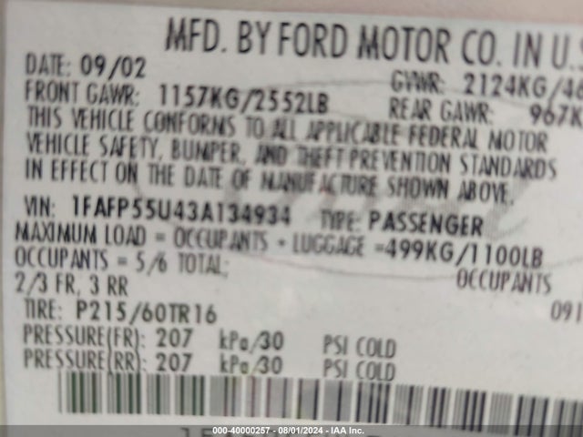 40000257 :رقم المزاد ، 1FAFP55U43A134934 vin ، 2003 Ford Taurus Ses مزاد بيع