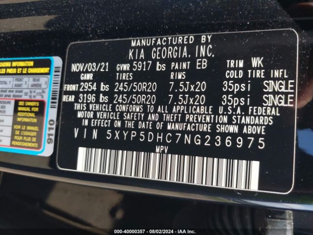5XYP5DHC7NG236975 KIA Telluride Sx