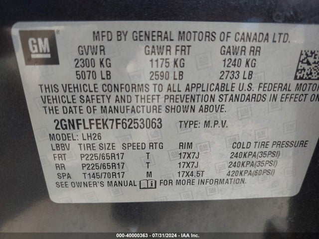Chevrolet EQUINOX 1LT 2015 2GNFLFEK7F6253063 Image 9