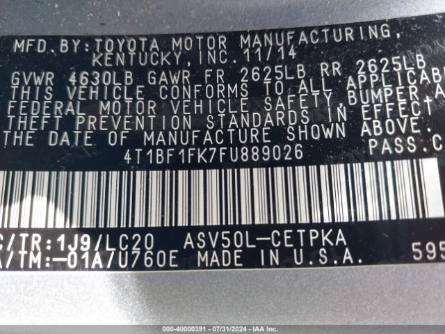 Toyota CAMRY XSE 2015 4T1BF1FK7FU889026 Image 9