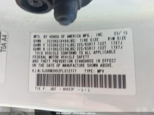 Honda CR-V EX 2015 5J6RM3H52FL012777 Image 9