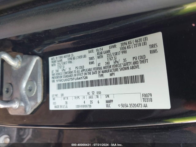 Ford ESCAPE SE 2015 1FMCU0G75FUA41726 Image 9