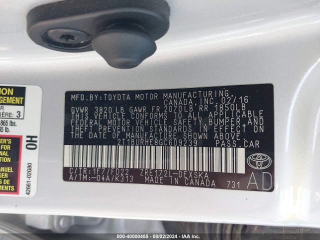 2T1BURHE8GC609239 Toyota Corolla S Plus