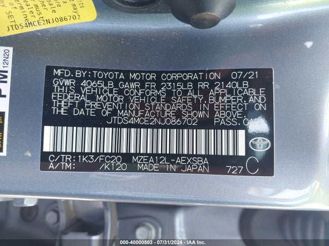 Toyota COROLLA SE 2022 JTDS4MCE2NJ086702 Image 9