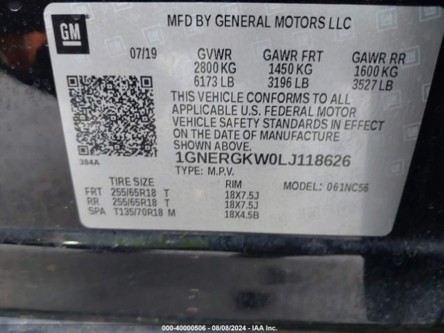 1GNERGKW0LJ118626 Chevrolet Traverse Fwd Lt Cloth