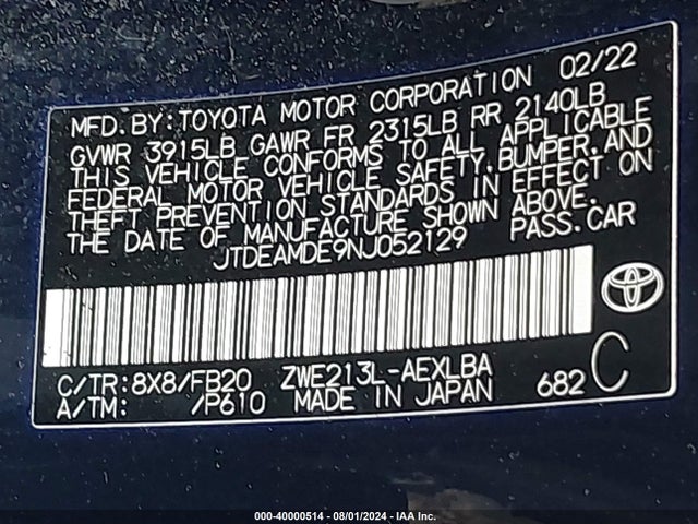 Toyota Corolla Hybrid Le 2022 JTDEAMDE9NJ052129 Image 9