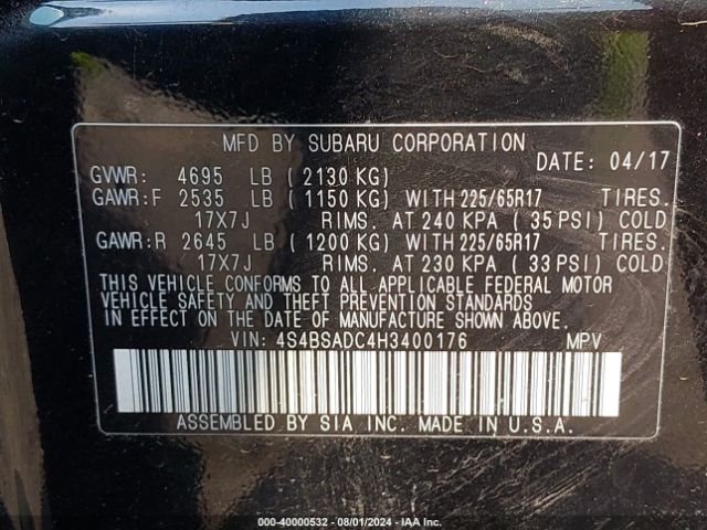 4S4BSADC4H3400176 Subaru Outback 2.5i Premium