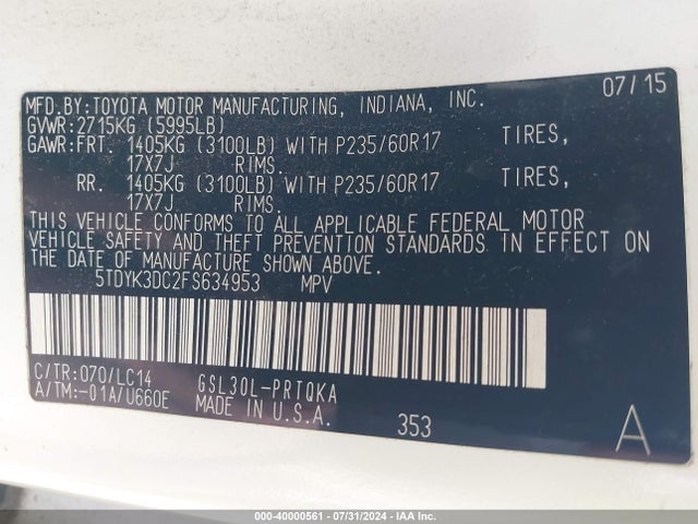 Toyota Sienna Xle 8 Passenger 2015 5TDYK3DC2FS634953 Image 9