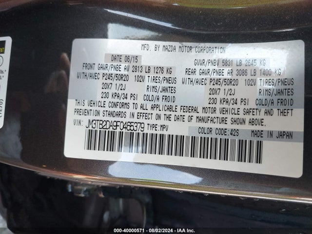 JM3TB2DA9F0465379 Mazda Cx-9 Grand Touring