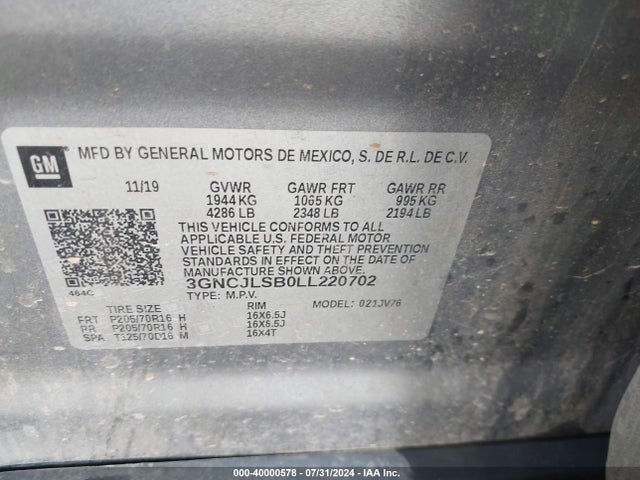 Chevrolet Trax Fwd Lt 2020 3GNCJLSB0LL220702 Image 9